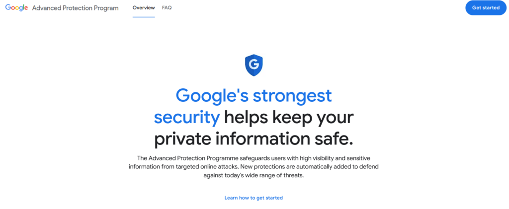 Screenshot stránek Google Advanced Protectiion Programu